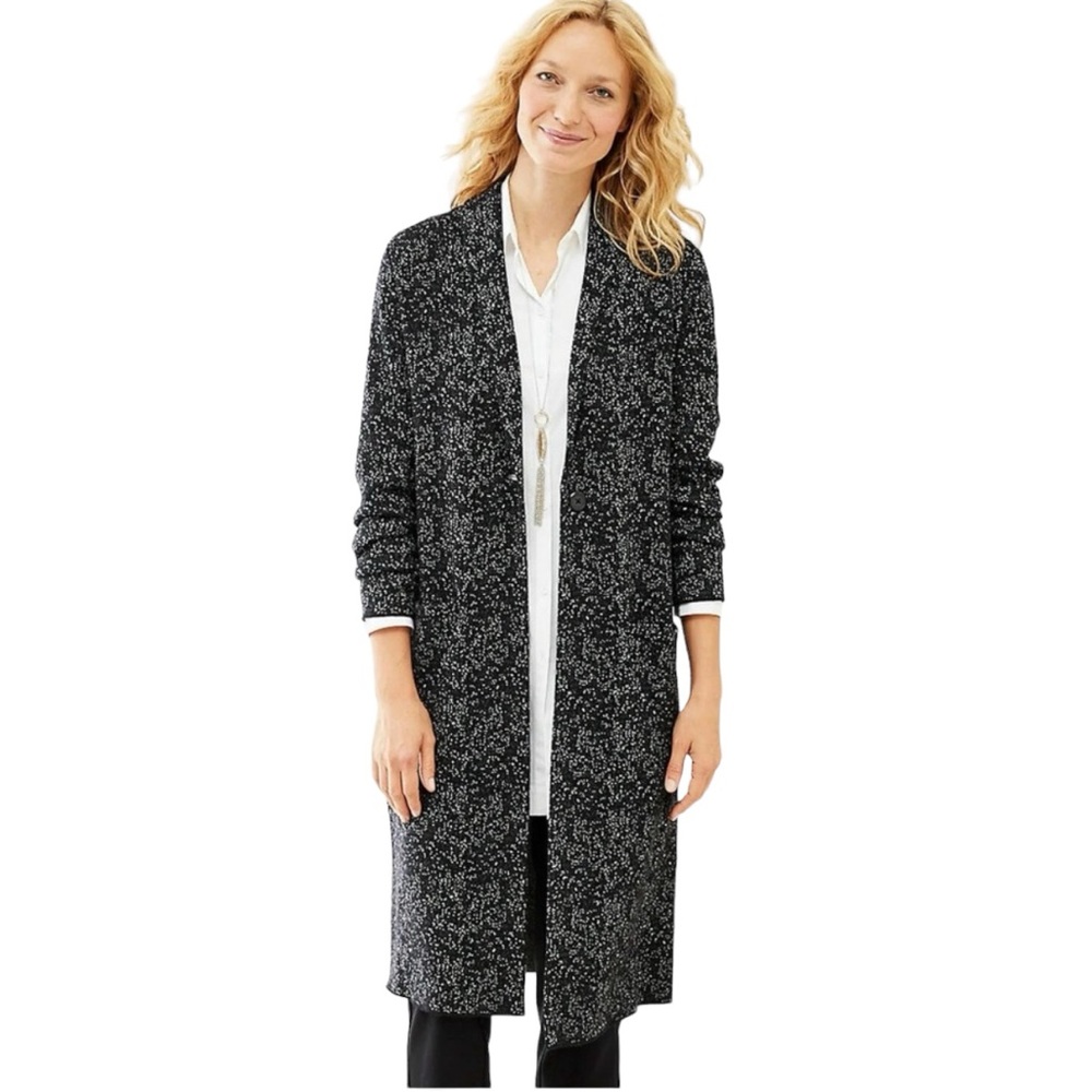 NWT J. Jill Long Black Duster Sweater Cardigan Coat Front Pockets Single Button